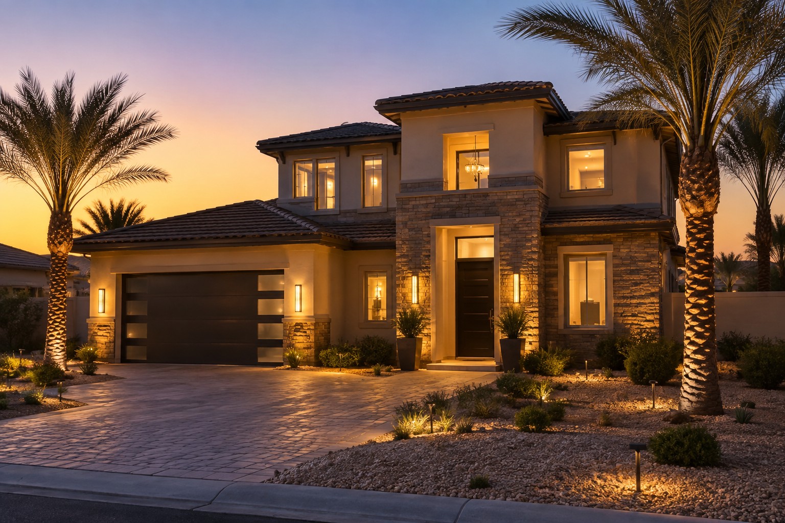 A Las Vegas home exterior at dusk, illustrative