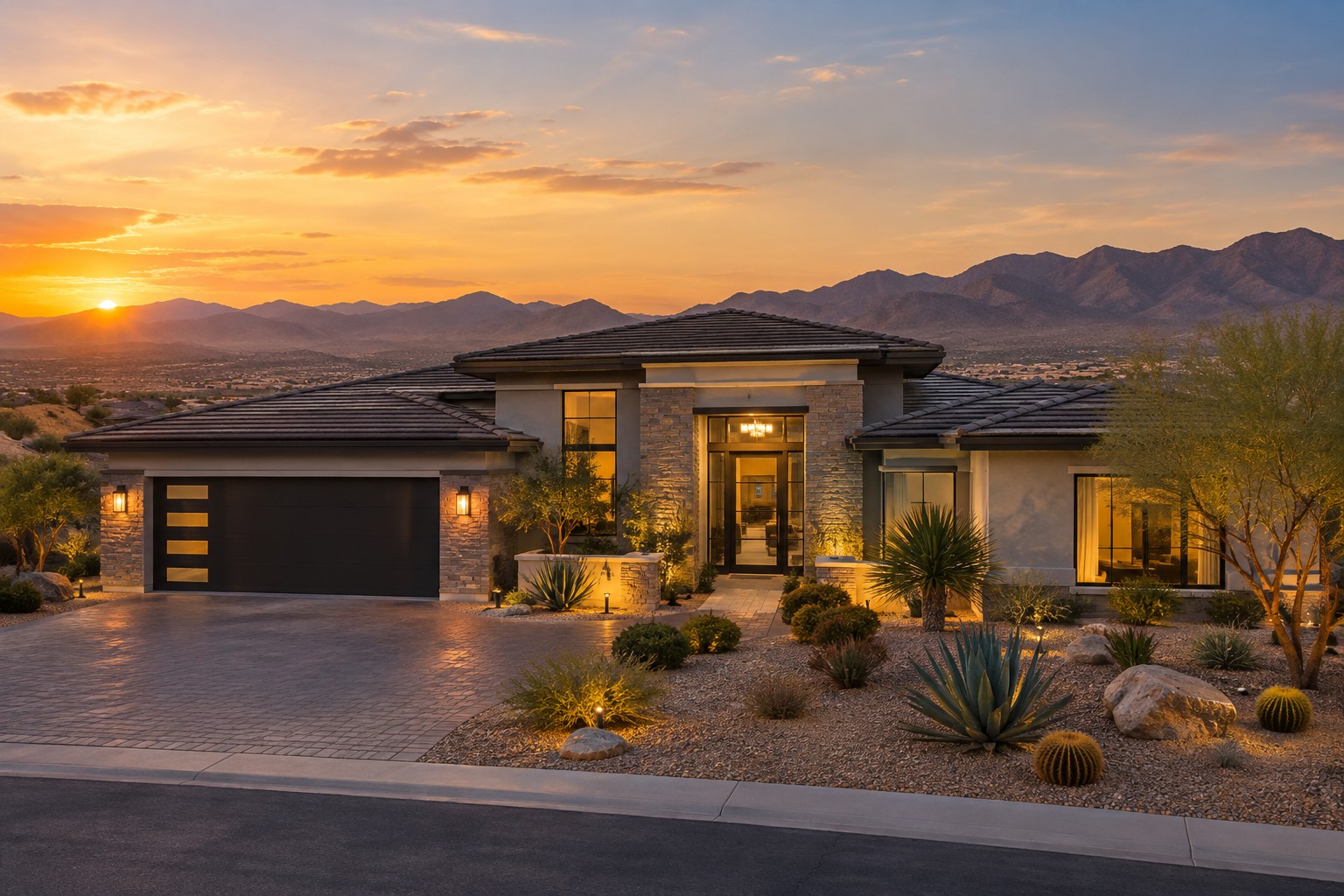 A Las Vegas Nevada home exterior at golden hour with mountain views, illustrative