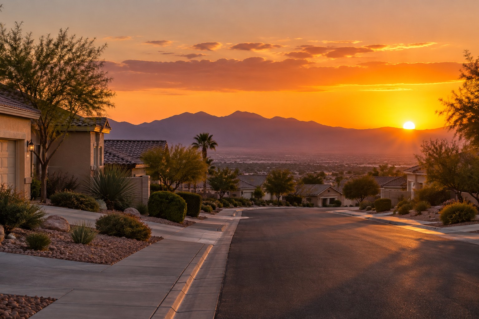 A Las Vegas valley street at sunset, illustrative