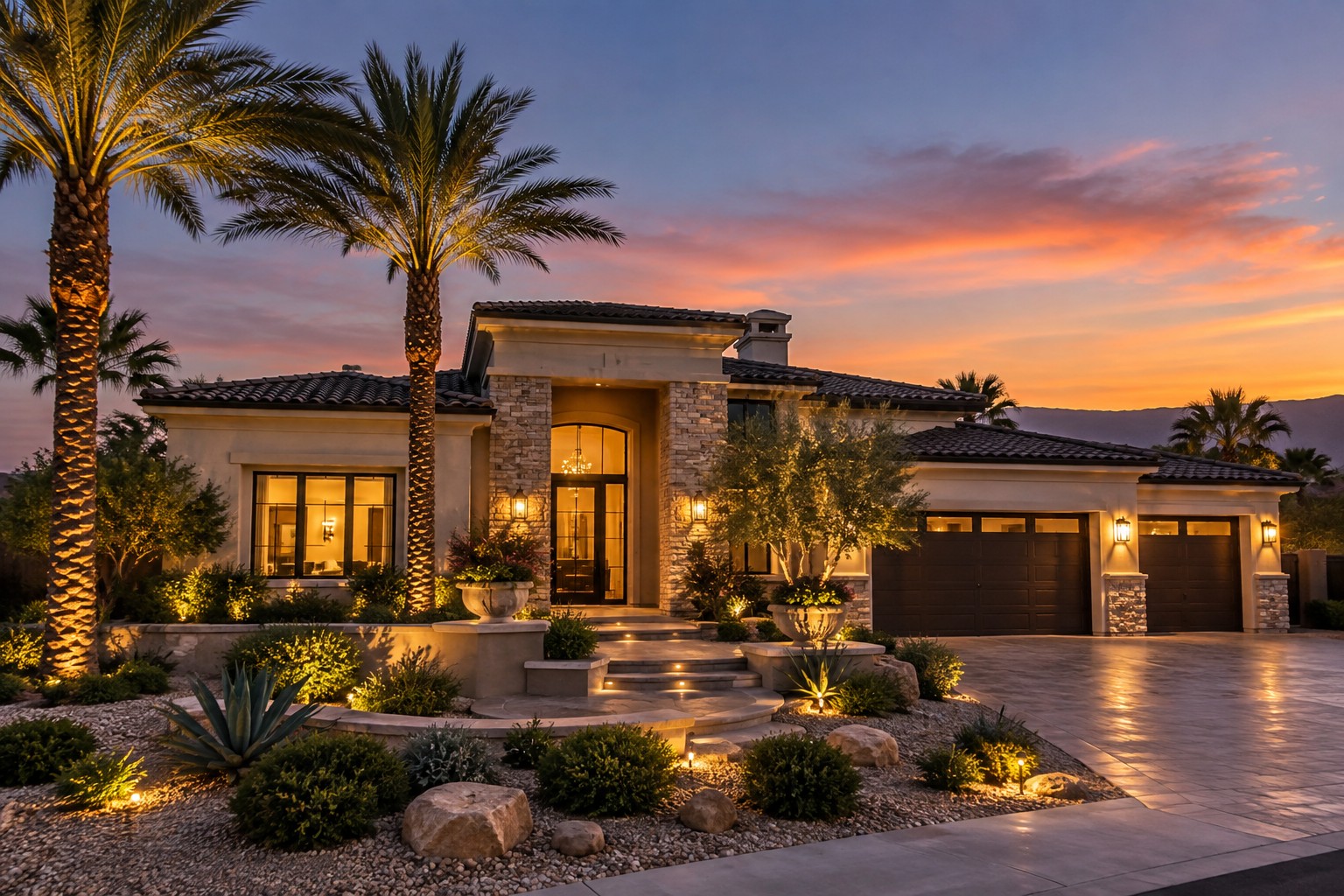 A Las Vegas home exterior at dusk with palm trees, illustrative